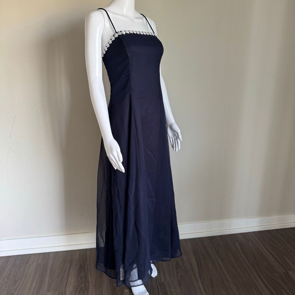 VTG 90’s Chiffon Layered Maxi Dress With Silver Flower Beaded Trim Prom Navy
